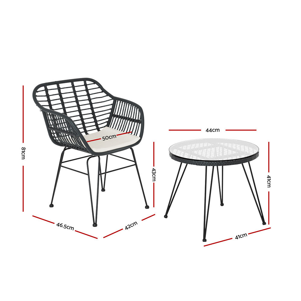 3PC Outdoor Furniture Bistro Set | Lounge Setting | Table Chairs | Cushion Patio | Grey