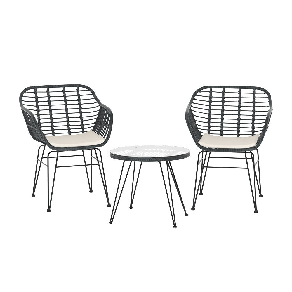 3PC Outdoor Furniture Bistro Set | Lounge Setting | Table Chairs | Cushion Patio | Grey
