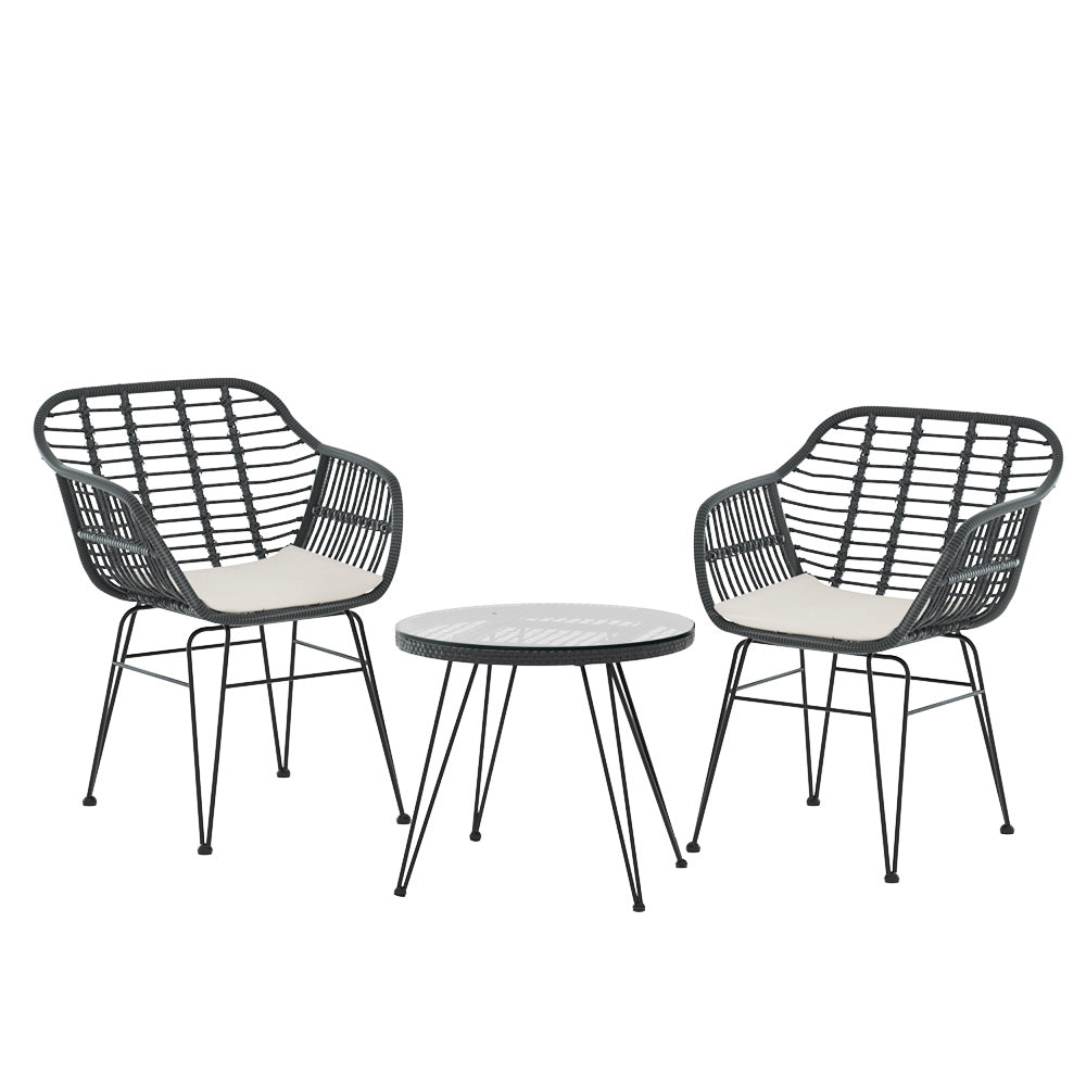 3PC Outdoor Furniture Bistro Set | Lounge Setting | Table Chairs | Cushion Patio | Grey