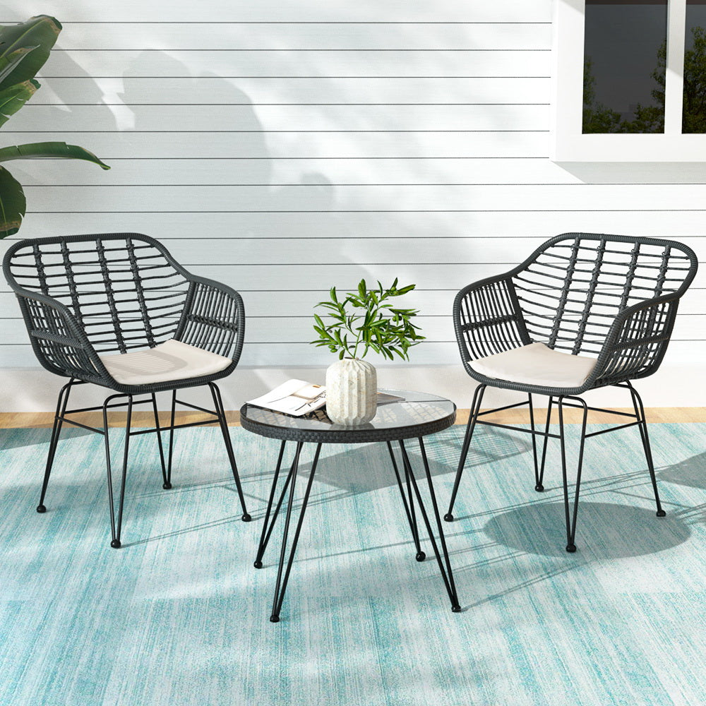 3PC Outdoor Furniture Bistro Set | Lounge Setting | Table Chairs | Cushion Patio | Grey