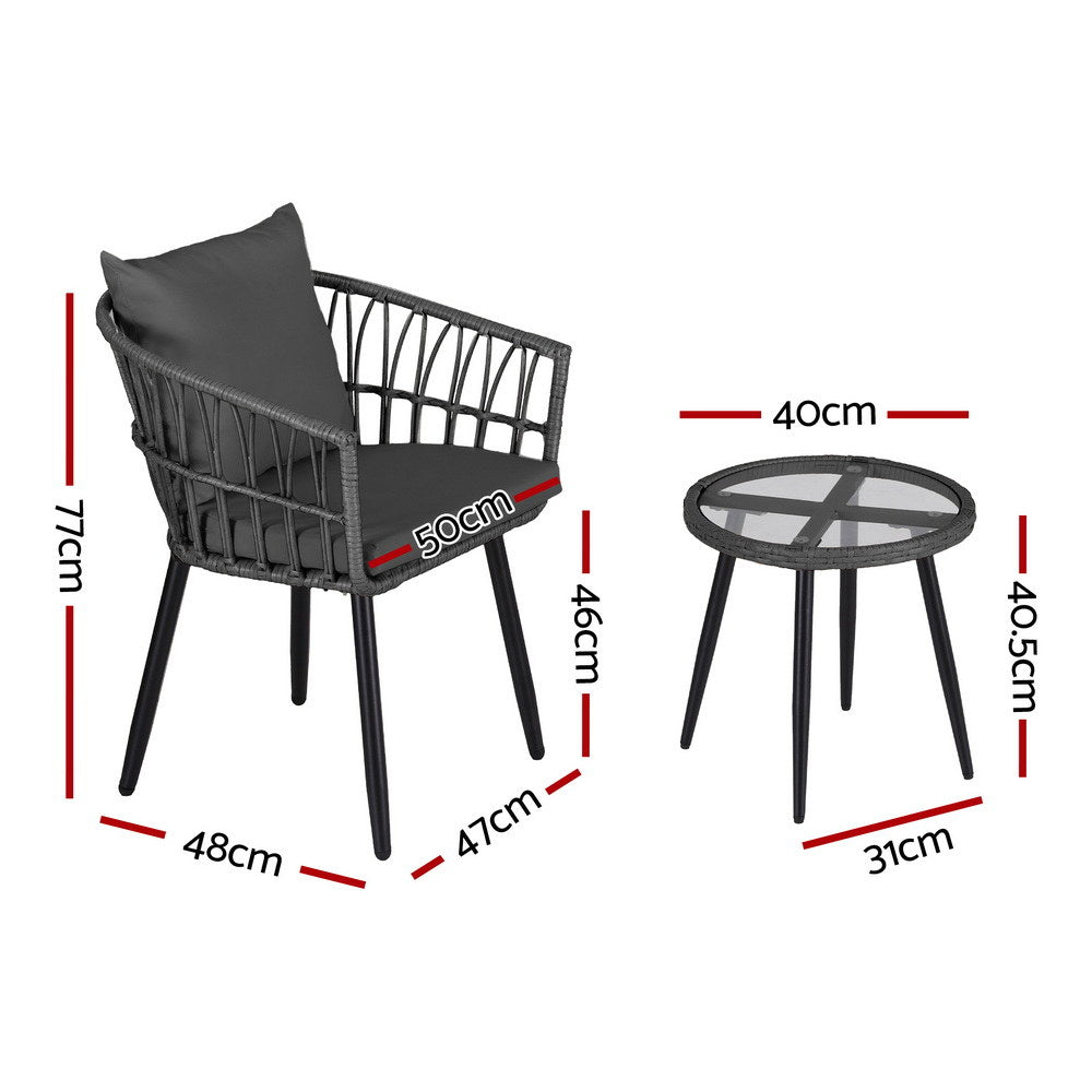 Outdoor Bistro Set 3pc | Table + 2 Chairs | Patio Lounge Setting | Grey