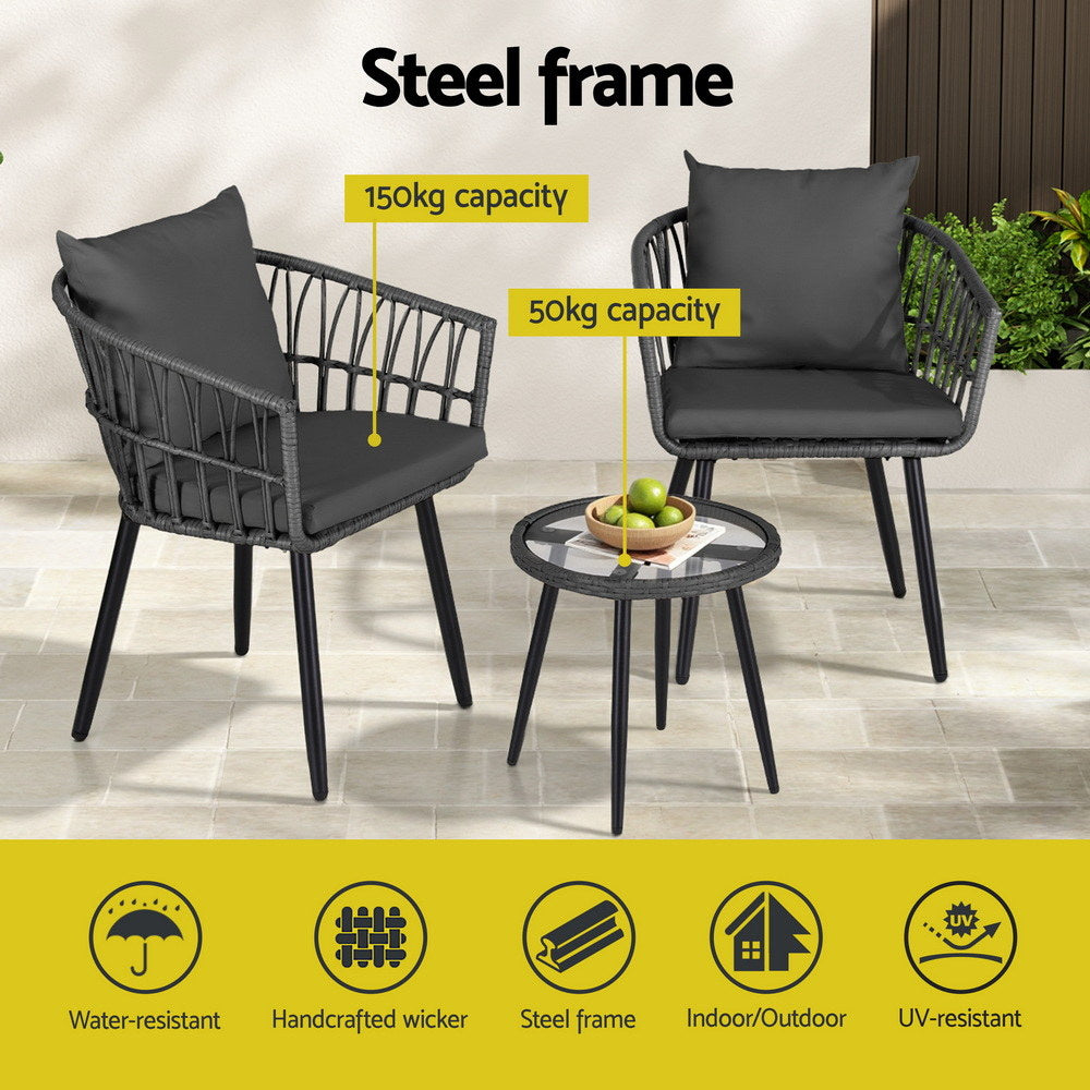 Outdoor Bistro Set 3pc | Table + 2 Chairs | Patio Lounge Setting | Grey