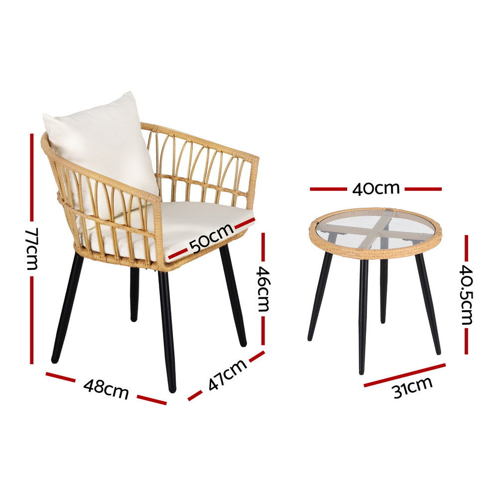 Outdoor Bistro Set 3pc | Table + 2 Chairs | Patio Lounge Setting | Natural