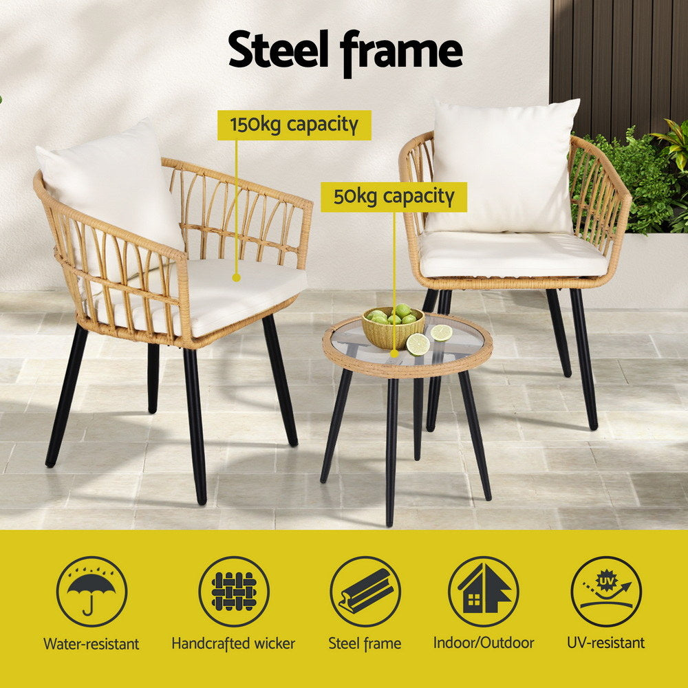 Outdoor Bistro Set 3pc | Table + 2 Chairs | Patio Lounge Setting | Natural