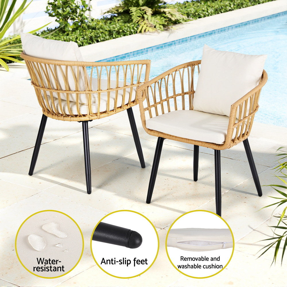 Outdoor Bistro Set 3pc | Table + 2 Chairs | Patio Lounge Setting | Natural