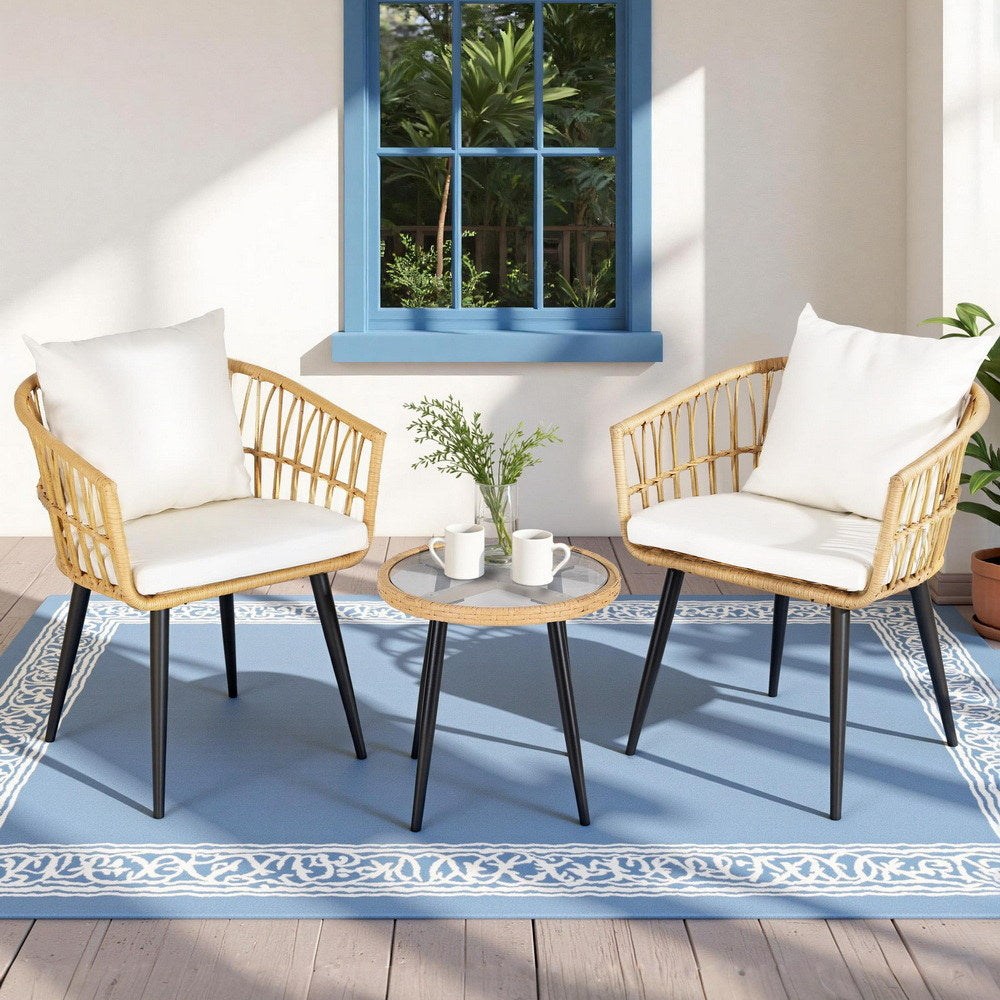 Outdoor Bistro Set 3pc | Table + 2 Chairs | Patio Lounge Setting | Natural