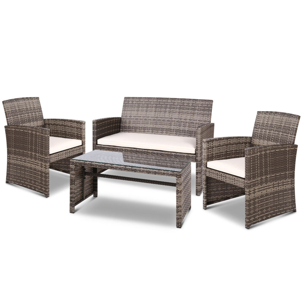 4PCS Outdoor Sofa Set | Rattan Chair Table Setting | Garden Furniture | Grey