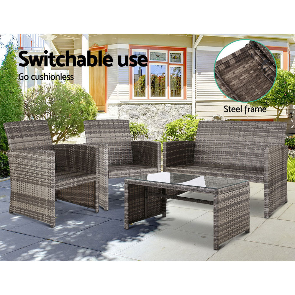 4PCS Outdoor Sofa Set | Rattan Chair Table Setting | Garden Furniture | Grey