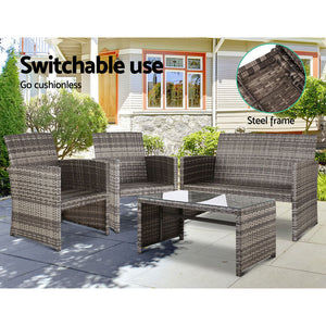 4PCS Outdoor Sofa Set | Rattan Chair Table Setting | Garden Furniture | Grey