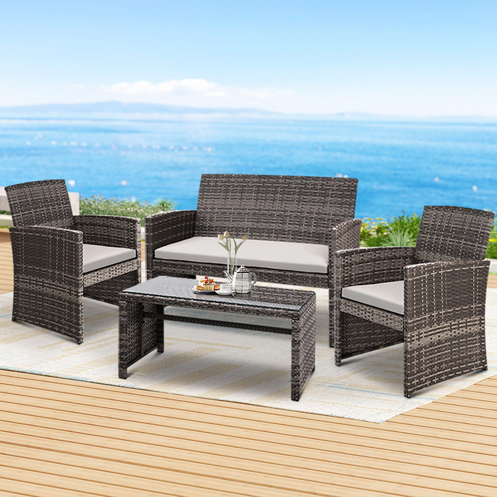 4PCS Outdoor Sofa Set | Rattan Chair Table Setting | Garden Furniture | Grey