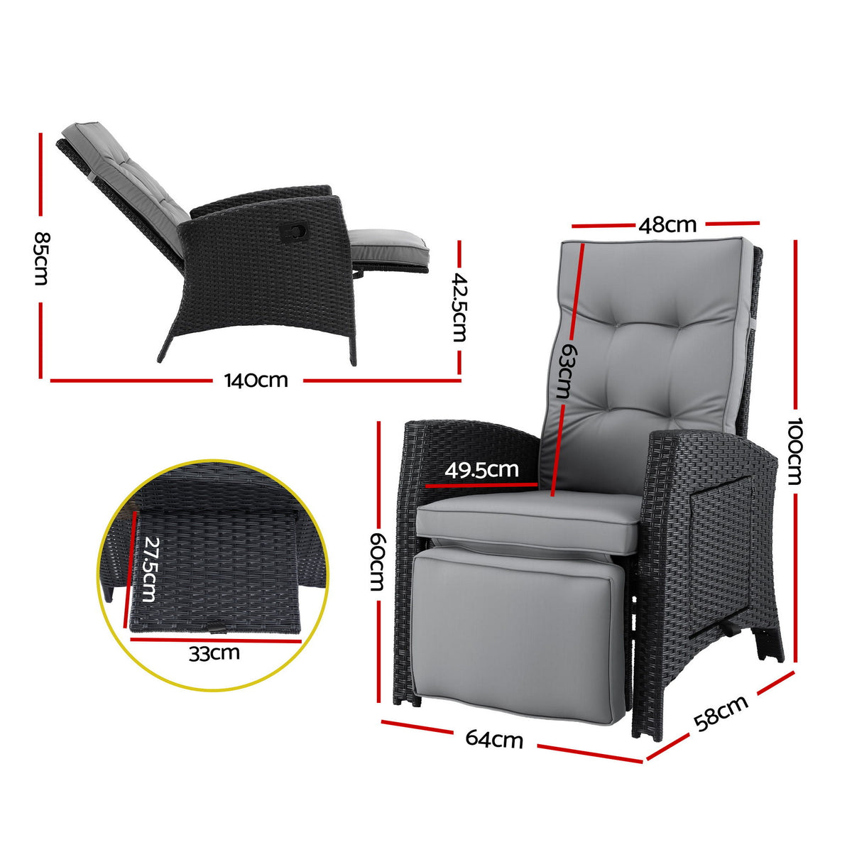 Outdoor Recliner Chair | Wicker Sun Lounger | Adjustable Patio Furniture | Black