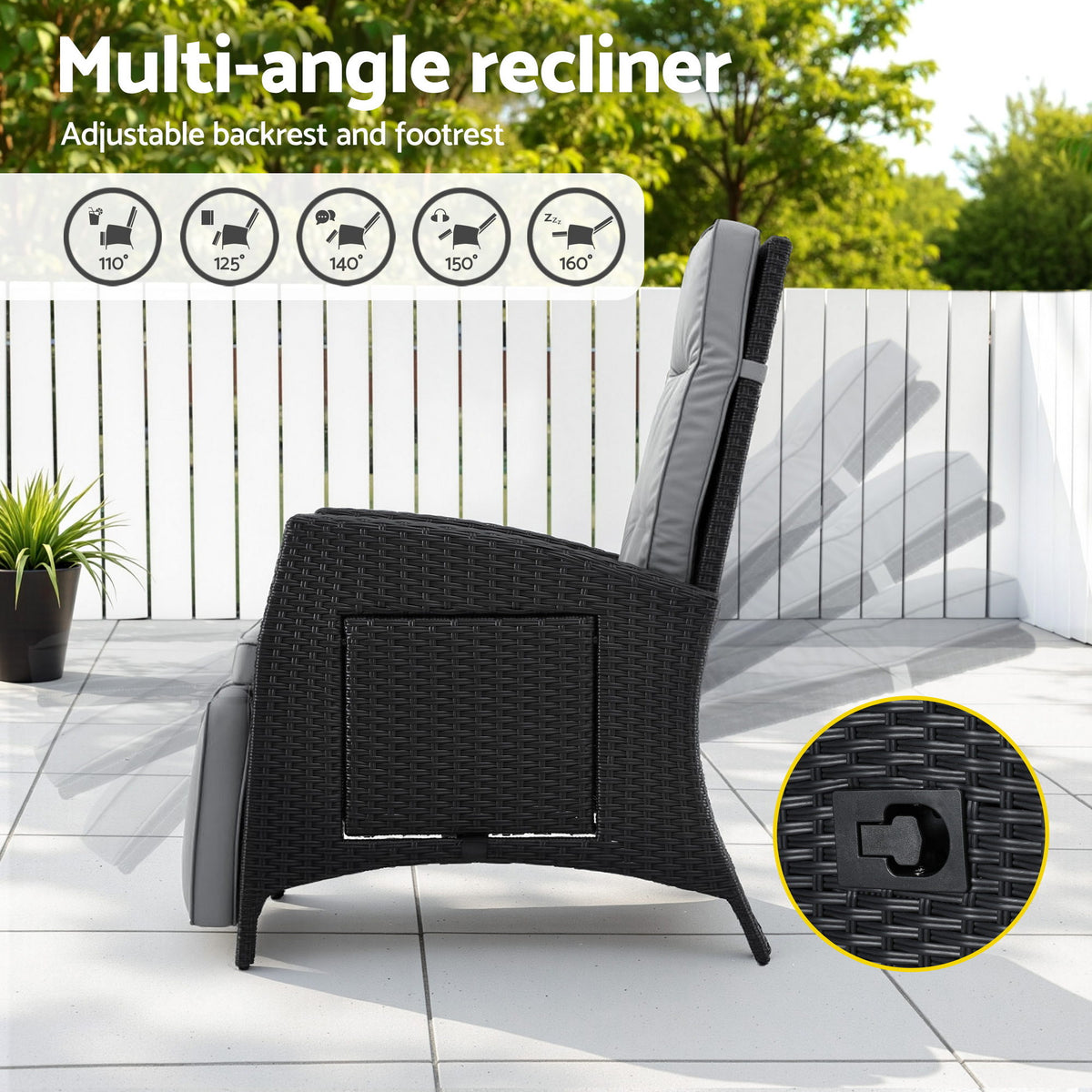Outdoor Recliner Chair | Wicker Sun Lounger | Adjustable Patio Furniture | Black
