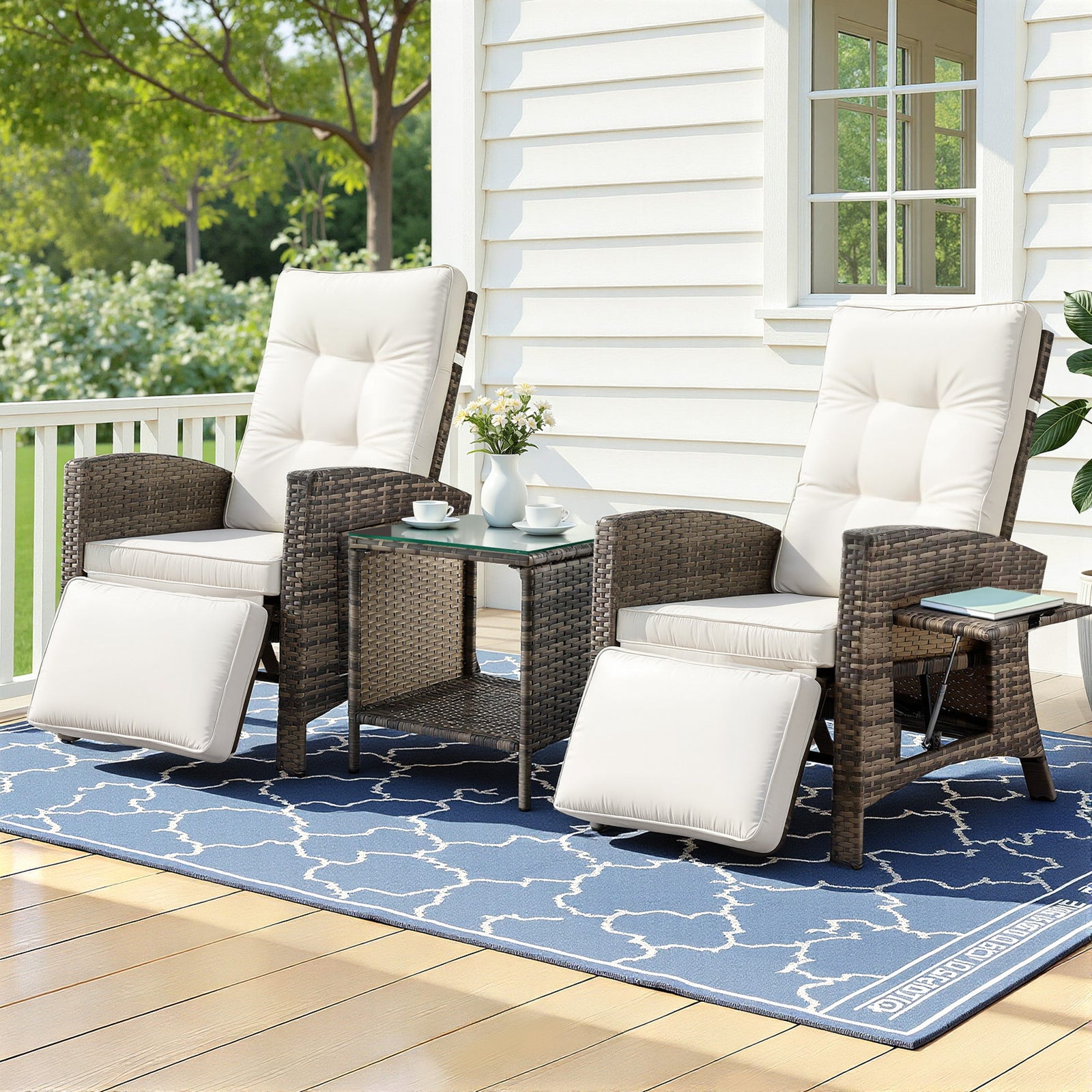 Outdoor Bistro Set | 3 Piece Recliner Chairs & Table | Wicker