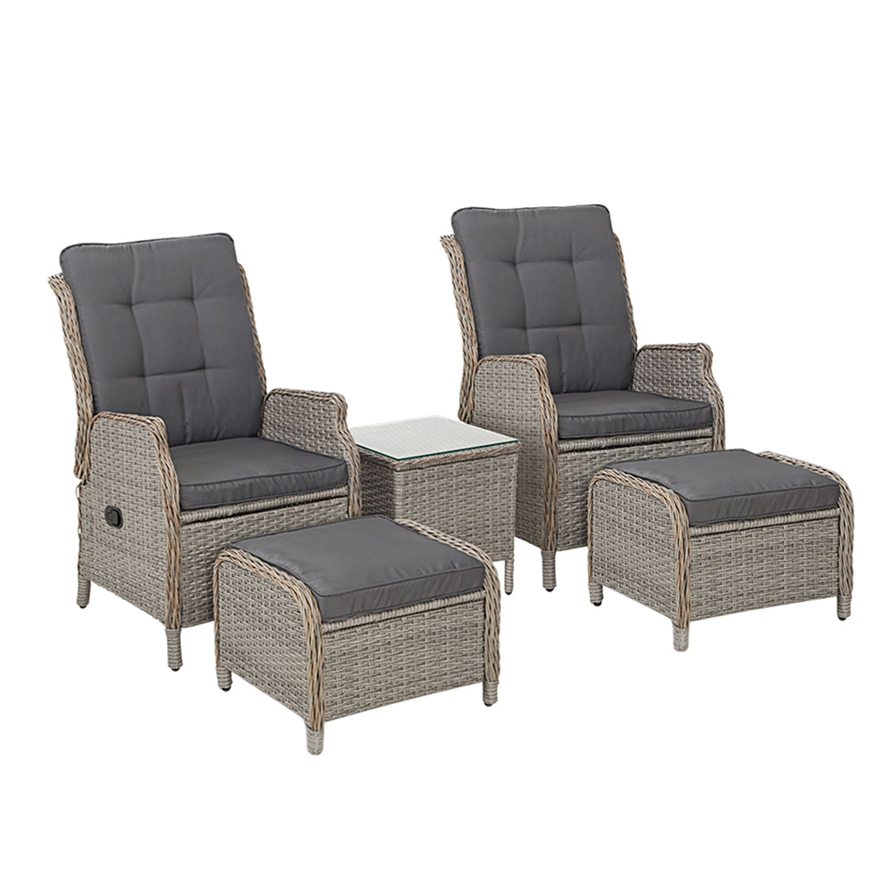 5PC Recliner Chairs Table | Sun Lounge | Wicker Outdoor Furniture | Adjustable | Grey