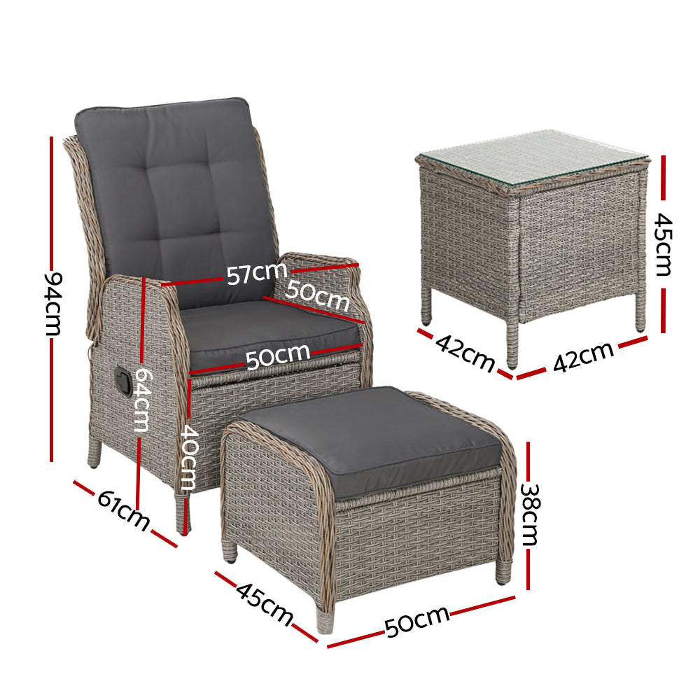 5PC Recliner Chairs Table | Sun Lounge | Wicker Outdoor Furniture | Adjustable | Grey