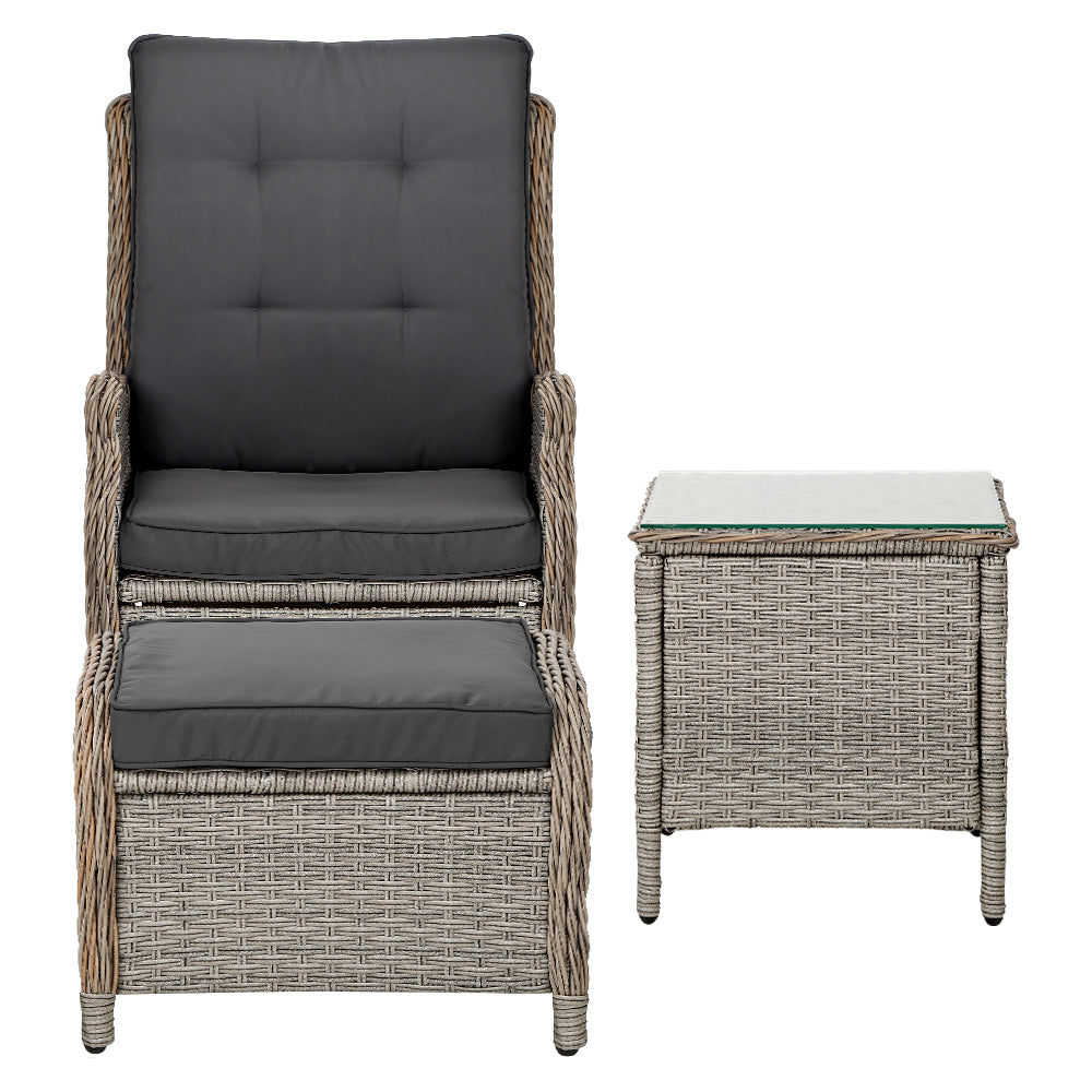 5PC Recliner Chairs Table | Sun Lounge | Wicker Outdoor Furniture | Adjustable | Grey