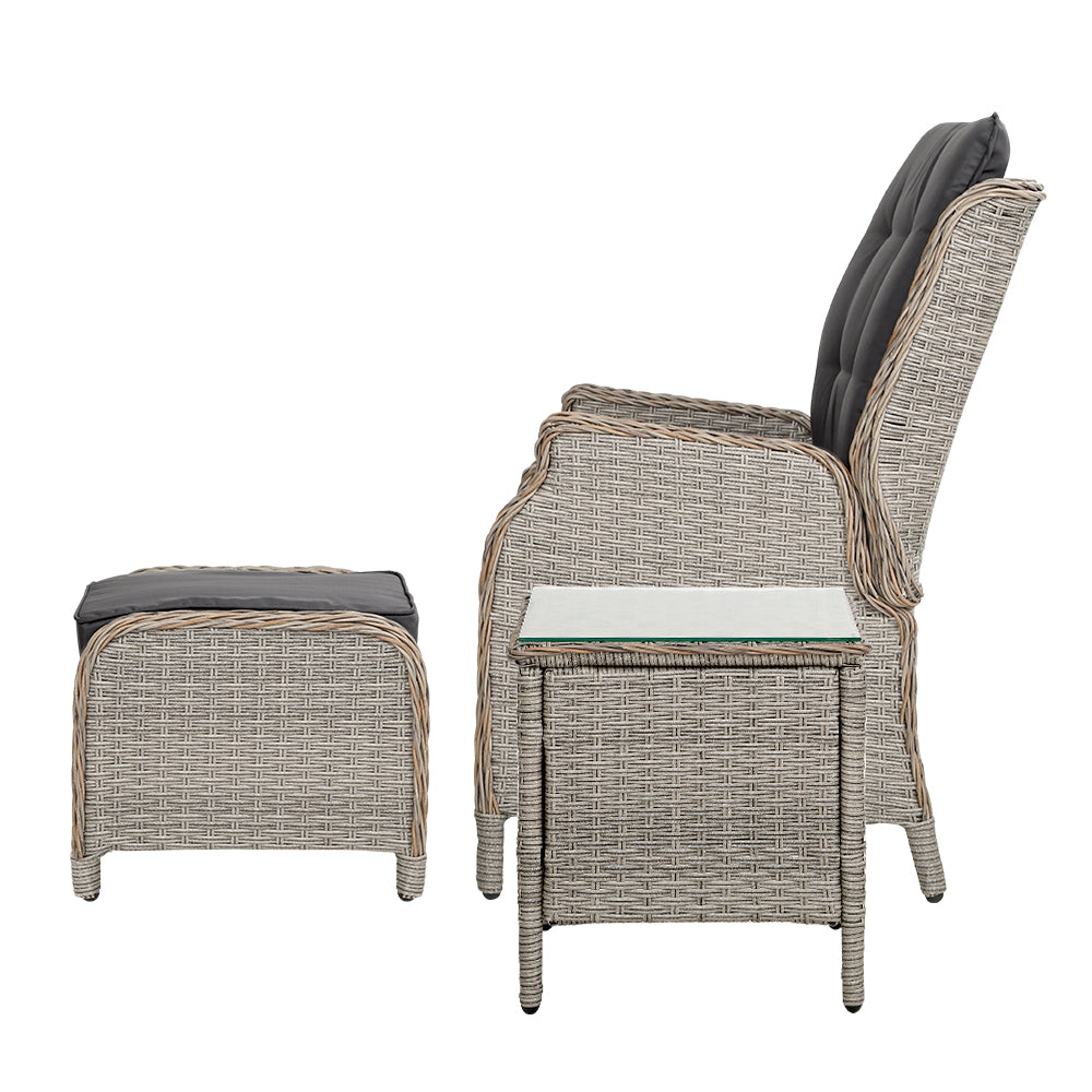 5PC Recliner Chairs Table | Sun Lounge | Wicker Outdoor Furniture | Adjustable | Grey
