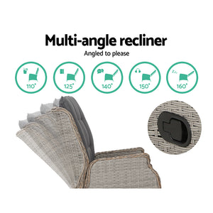 5PC Recliner Chairs Table | Sun Lounge | Wicker Outdoor Furniture | Adjustable | Grey