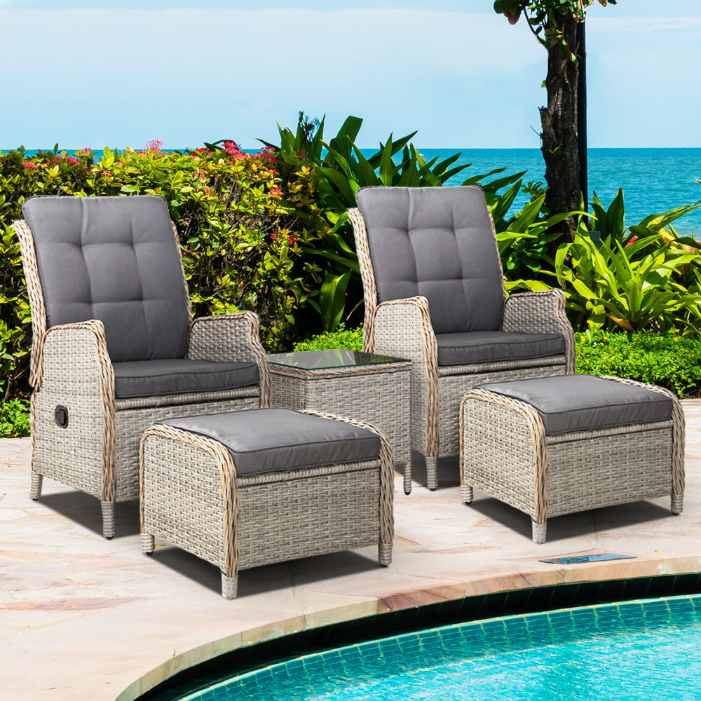 5PC Recliner Chairs Table | Sun Lounge | Wicker Outdoor Furniture | Adjustable | Grey