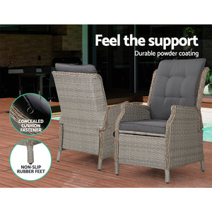 5PC Recliner Chairs Table | Sun Lounge | Wicker Outdoor Furniture | Adjustable | Grey
