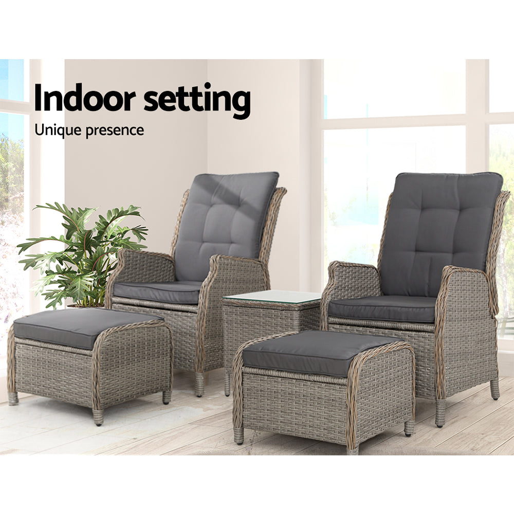 5PC Recliner Chairs Table | Sun Lounge | Wicker Outdoor Furniture | Adjustable | Grey