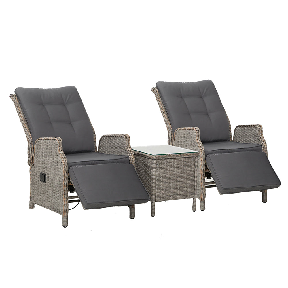 3PC Recliner Chairs Table | Sun Lounge | Outdoor Furniture | Wicker Adjustable | Grey
