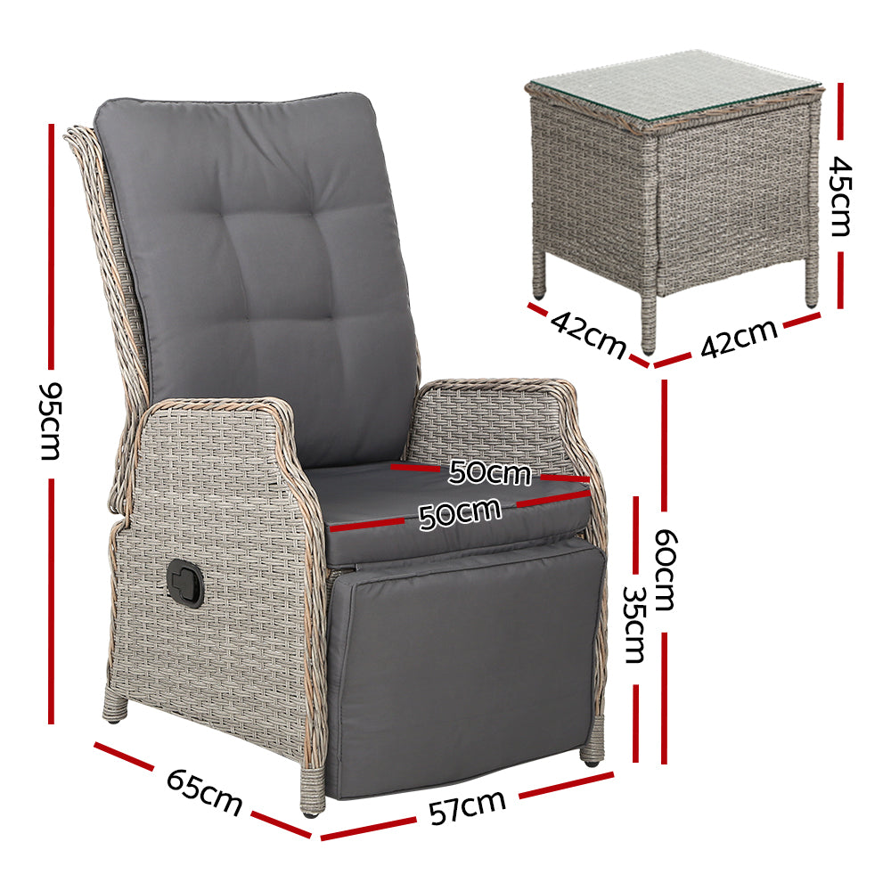 3PC Recliner Chairs Table | Sun Lounge | Outdoor Furniture | Wicker Adjustable | Grey