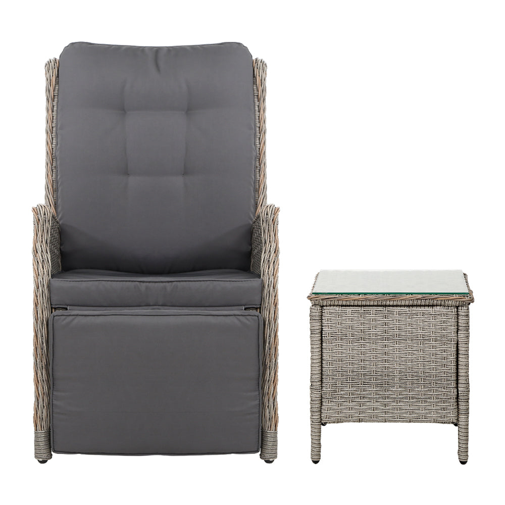 3PC Recliner Chairs Table | Sun Lounge | Outdoor Furniture | Wicker Adjustable | Grey