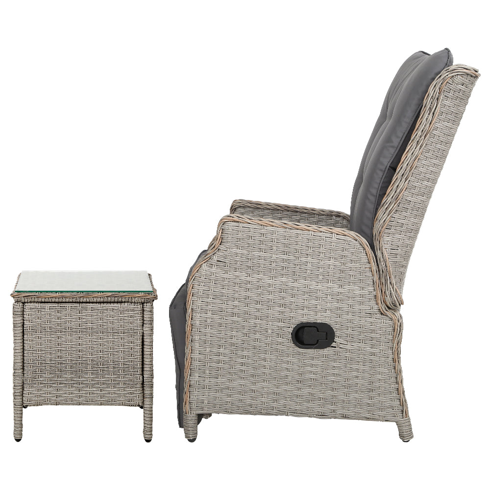 3PC Recliner Chairs Table | Sun Lounge | Outdoor Furniture | Wicker Adjustable | Grey