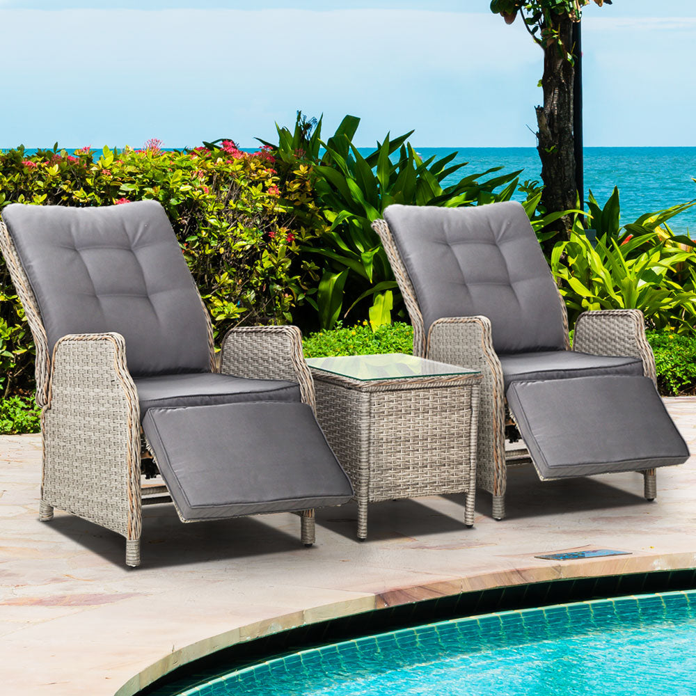 3PC Recliner Chairs Table | Sun Lounge | Outdoor Furniture | Wicker Adjustable | Grey