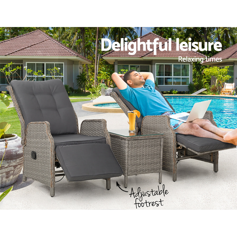 3PC Recliner Chairs Table | Sun Lounge | Outdoor Furniture | Wicker Adjustable | Grey