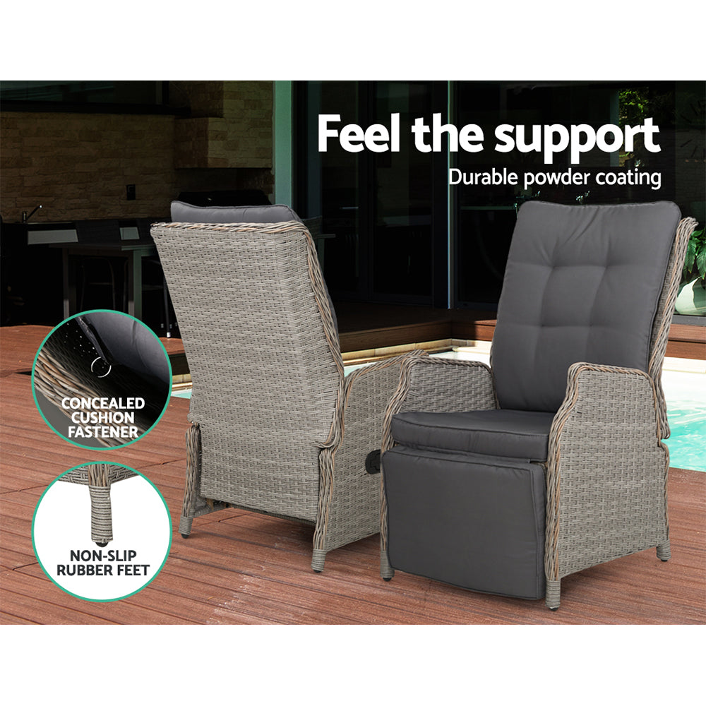 3PC Recliner Chairs Table | Sun Lounge | Outdoor Furniture | Wicker Adjustable | Grey