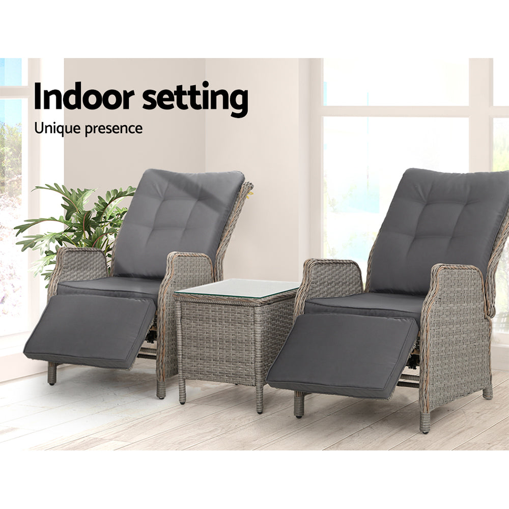 3PC Recliner Chairs Table | Sun Lounge | Outdoor Furniture | Wicker Adjustable | Grey