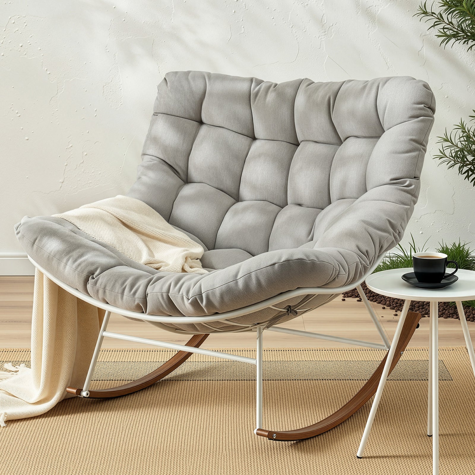Outdoor Rocking Chair | Papasan Recliner Patio Lounge | White