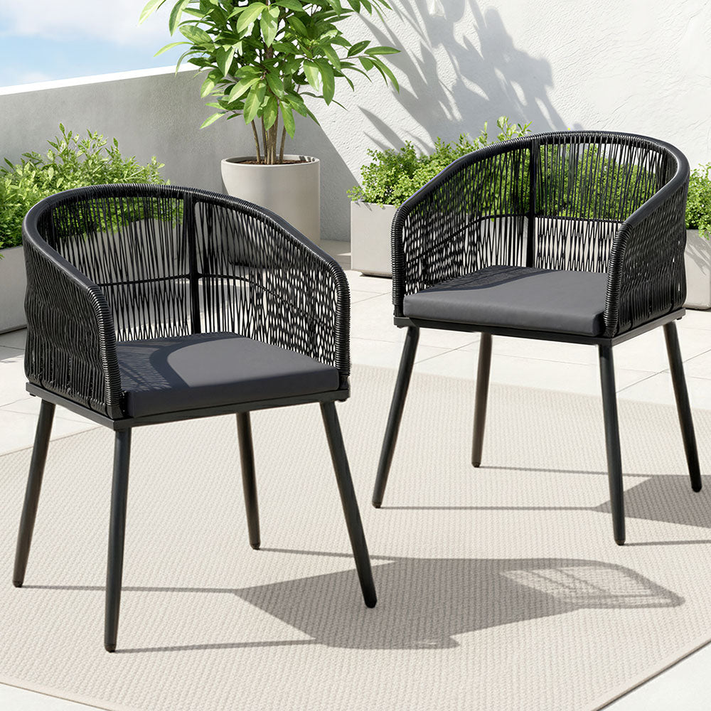 Outdoor Dining Chairs Set 2pc | Wicker Seat | Steel Frame | Black