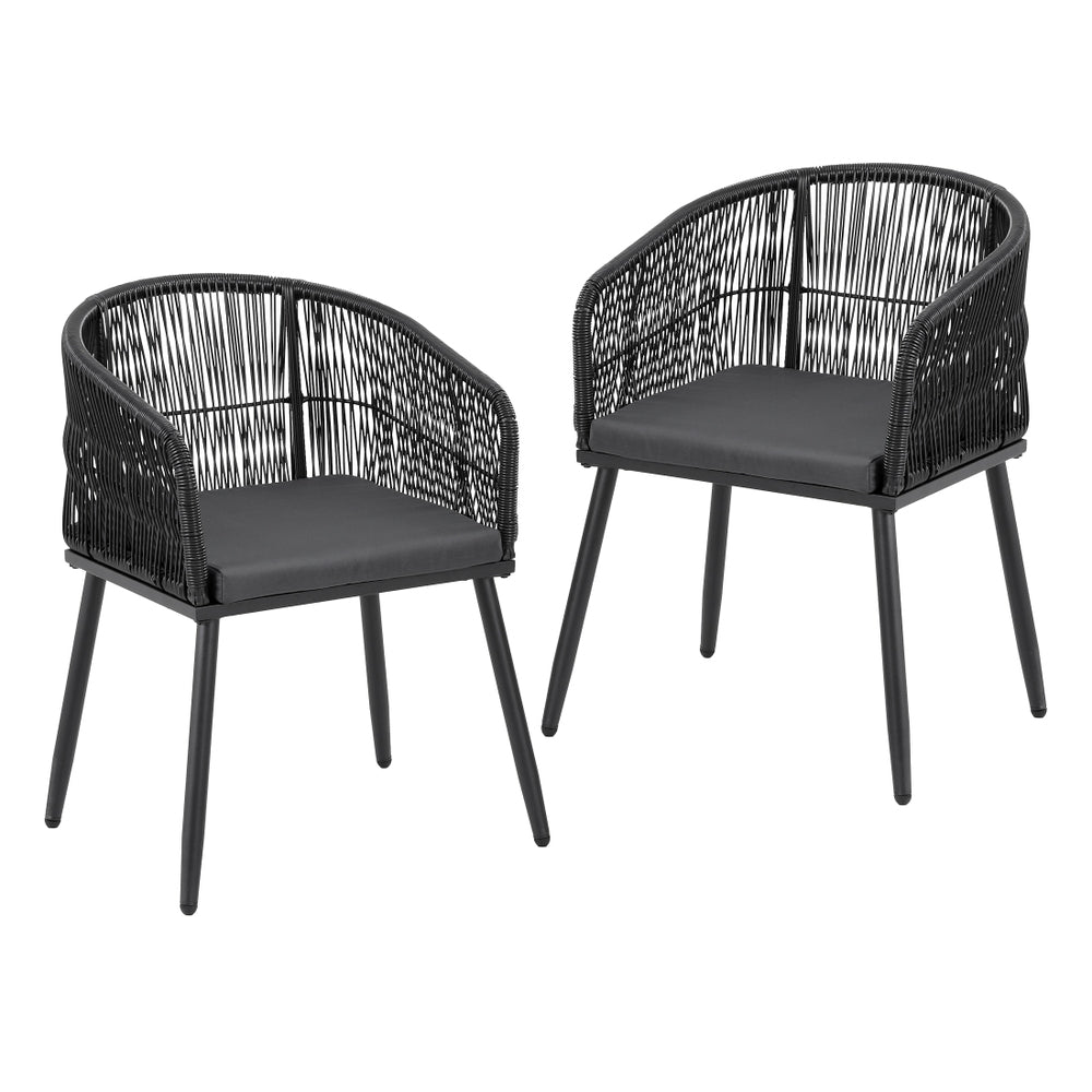 Outdoor Dining Chairs Set 2pc | Wicker Seat | Steel Frame | Black