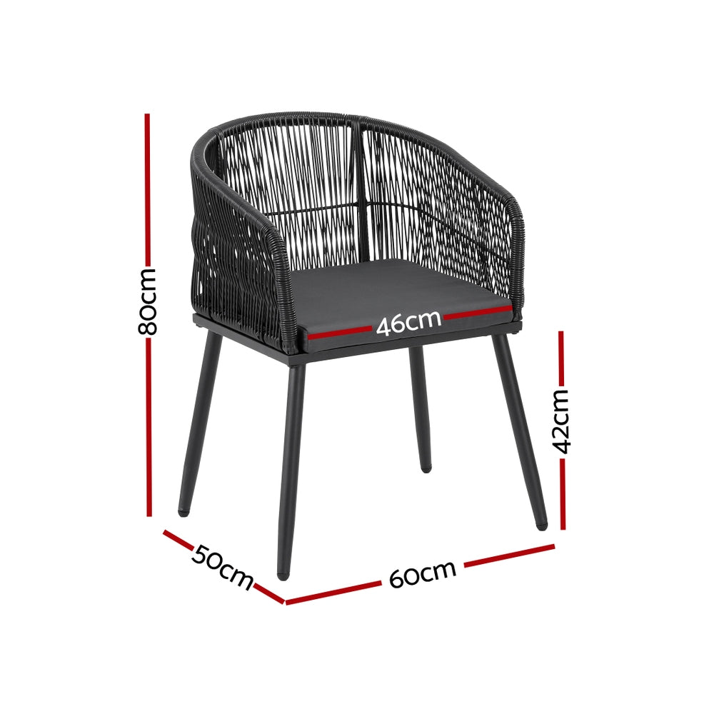 Outdoor Dining Chairs Set 2pc | Wicker Seat | Steel Frame | Black