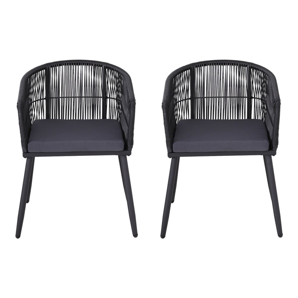 Outdoor Dining Chairs Set 2pc | Wicker Seat | Steel Frame | Black