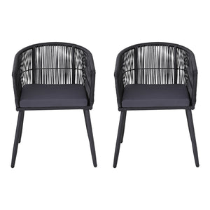 Outdoor Dining Chairs Set 2pc | Wicker Seat | Steel Frame | Black