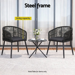 Outdoor Dining Chairs Set 2pc | Wicker Seat | Steel Frame | Black