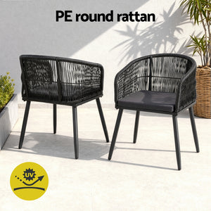 Outdoor Dining Chairs Set 2pc | Wicker Seat | Steel Frame | Black