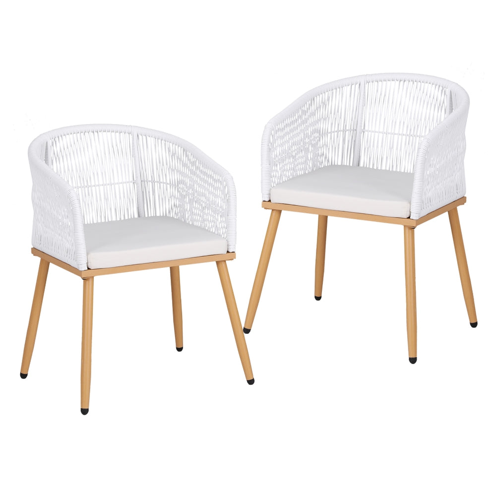 Outdoor Wicker Dining Chairs Set 2pc | Steel Frame | White