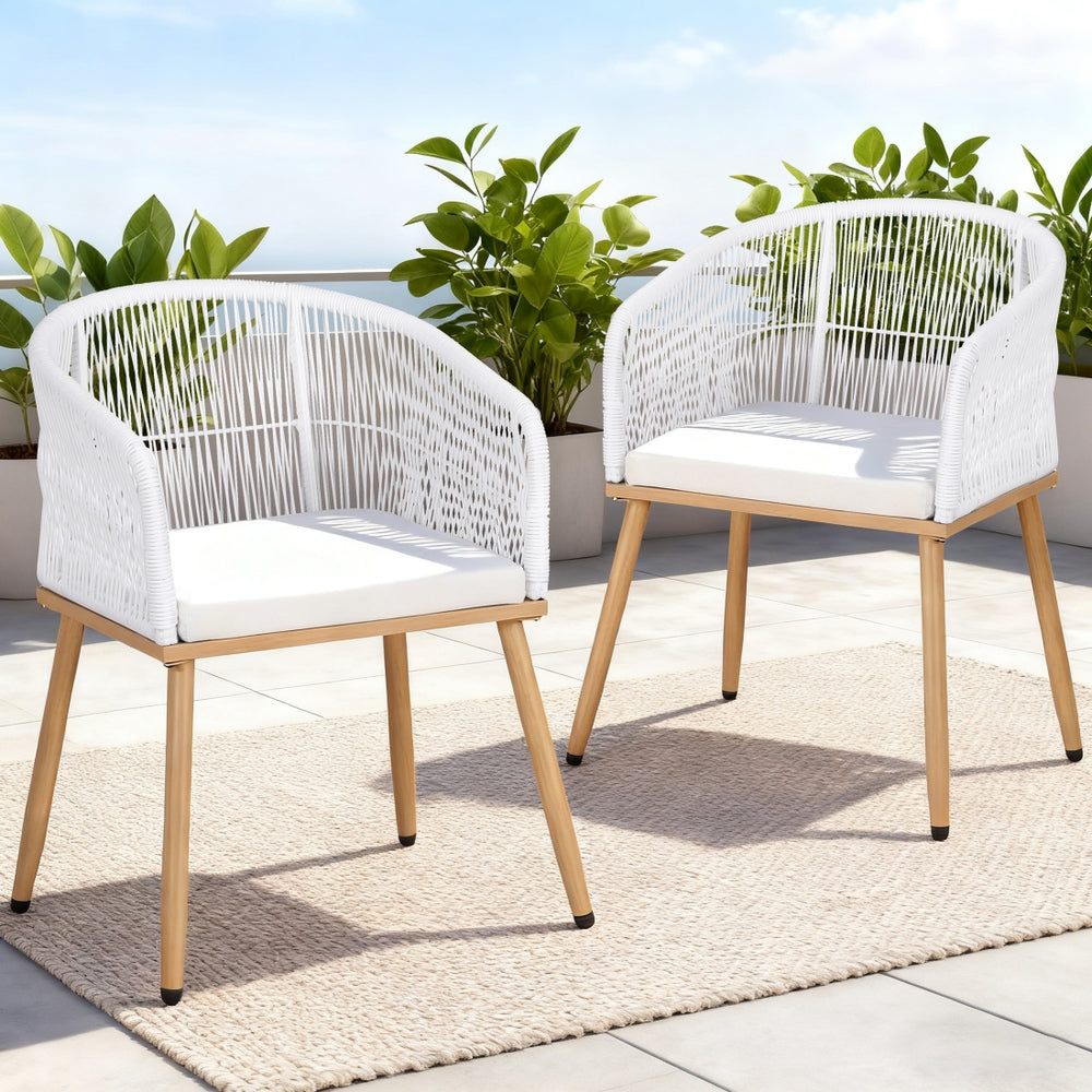 Outdoor Wicker Dining Chairs Set 2pc | Steel Frame | White
