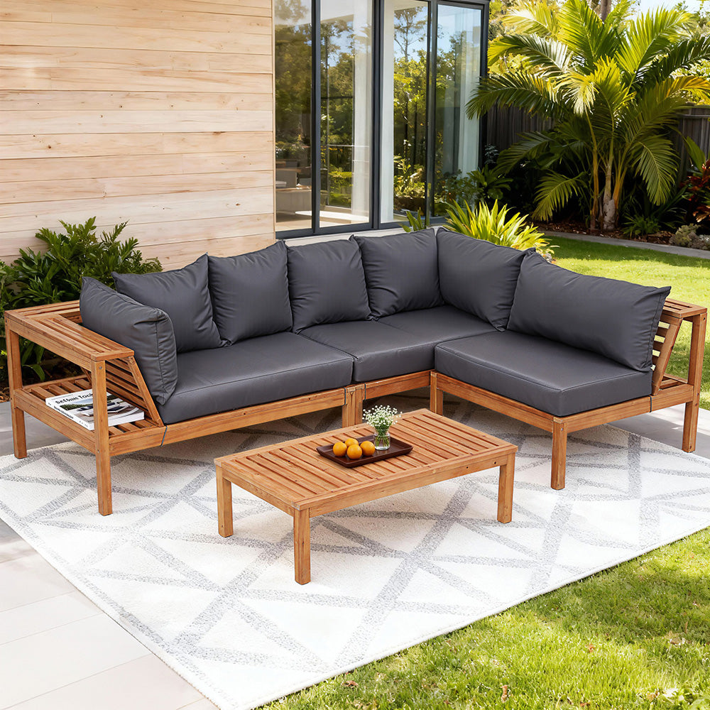 Outdoor Wooden Sofa Set | 5 Seater | Built-In Side Table | 4 Piece Set