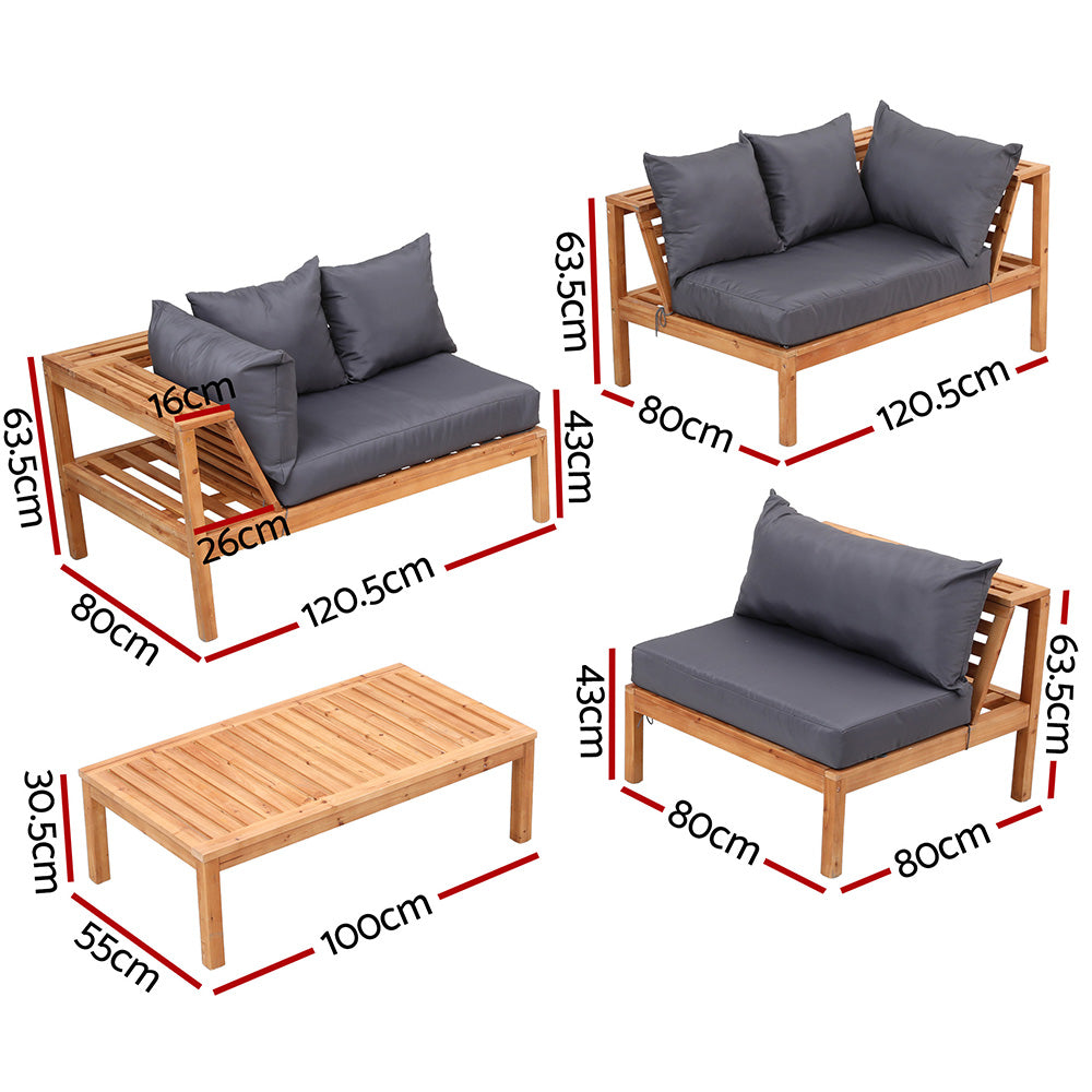 Outdoor Wooden Sofa Set | 5 Seater | Built-In Side Table | 4 Piece Set