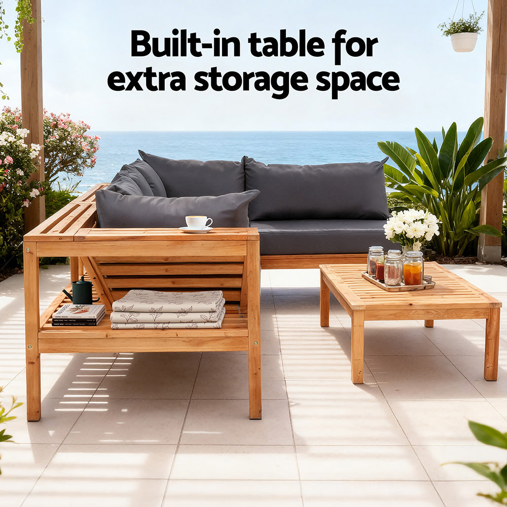 Outdoor Wooden Sofa Set | 5 Seater | Built-In Side Table | 4 Piece Set