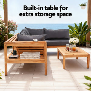 Outdoor Wooden Sofa Set | 5 Seater | Built-In Side Table | 4 Piece Set