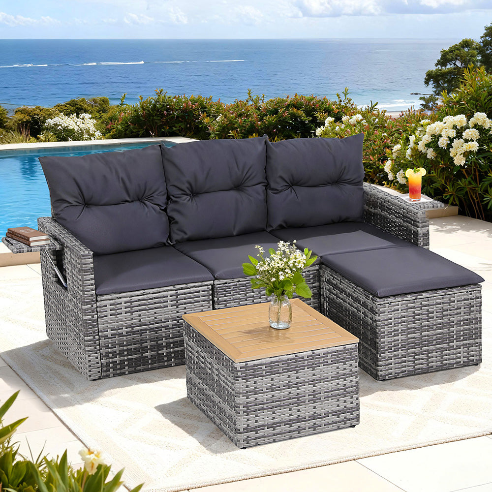 Outdoor Rattan Sofa Set 5pc | 4 Seater | Coffee Table | Grey