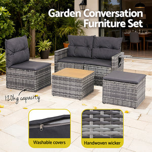 Outdoor Rattan Sofa Set 5pc | 4 Seater | Coffee Table | Grey