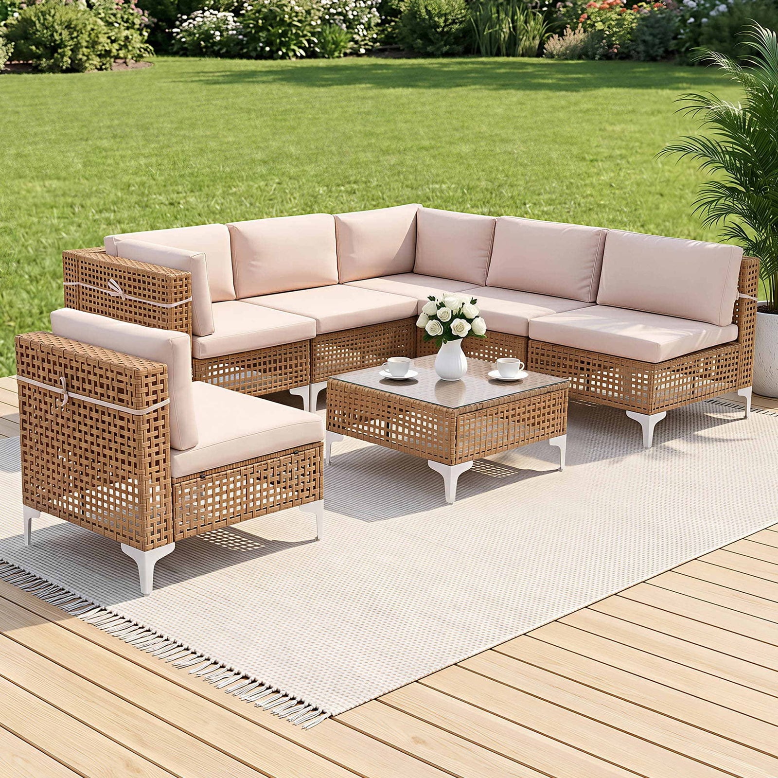 Outdoor Sofa Set | 7 Piece 6 Seater Rattan Patio Lounge
